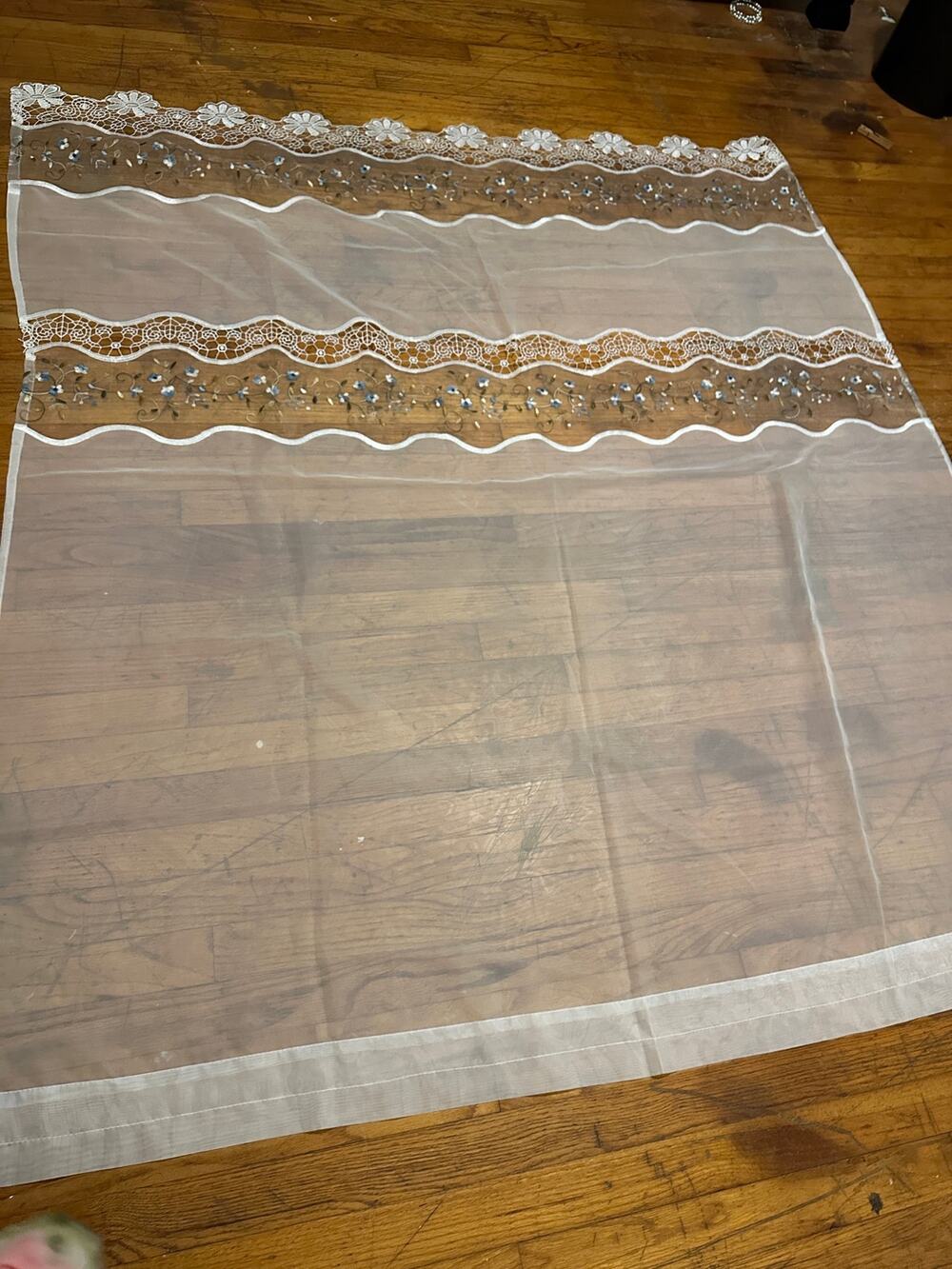 White Sheer Curtains Set of 2 Panels Blue Embroidered Floral Battenberg Lace